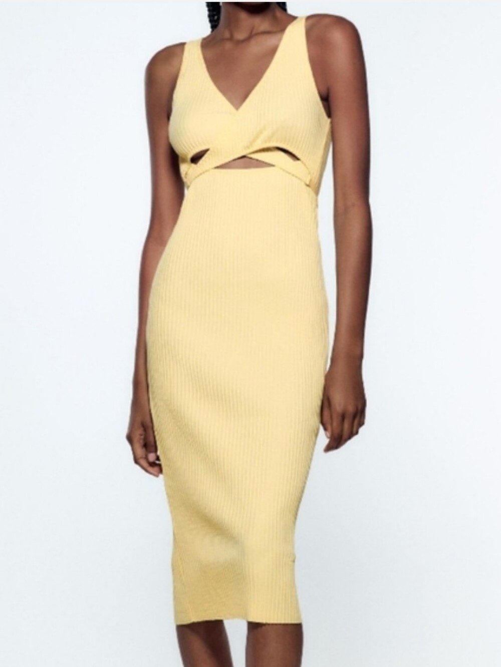 Zara Ribbed Fitted Midi Cut Out Dress Butter Pale Yellow Knit Cotton Women's L